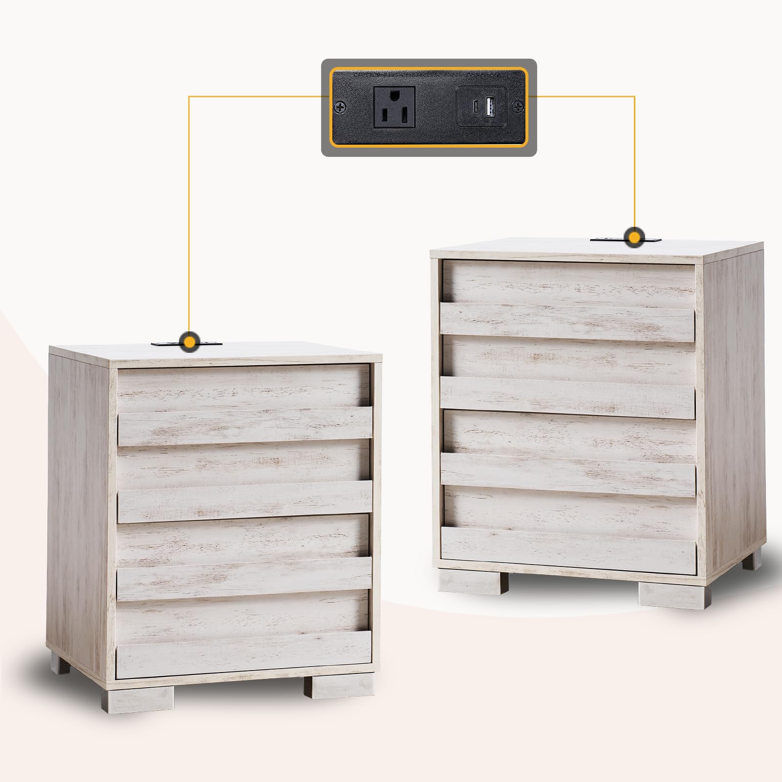 Nightstand Set of 2 with Charging Station, Wood Bedside Table with 2 Drawers