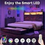 Farmhouse Queen Bed Frame with Storage Headboard and LED Lights