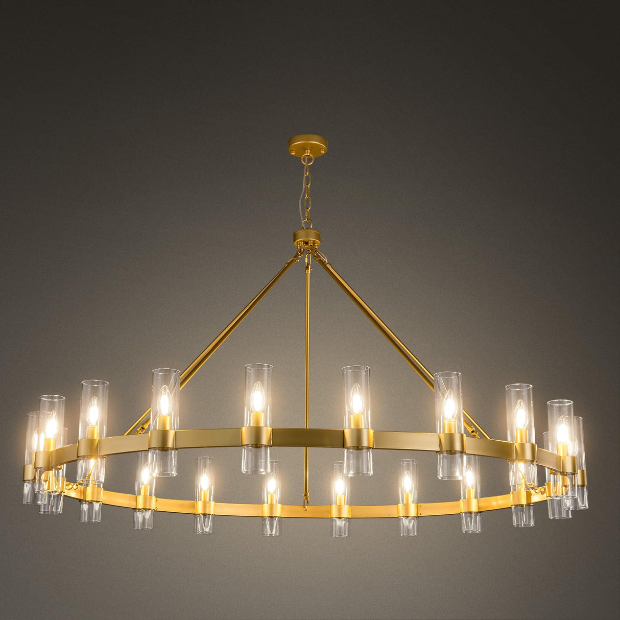 20-Light Large Gold Wagon Wheel Chandelier with Glass Shades