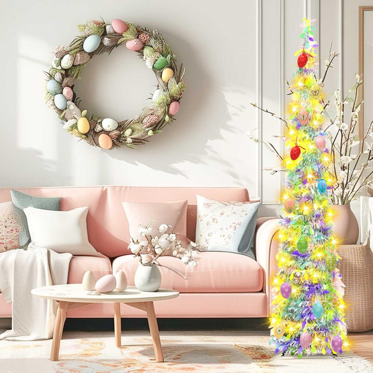5FT Pop Up Christmas Tinsel Tree with Lights & Eggs,Artificial Easter Tree,Pop-Up Collapsible Pencil Easter Trees,Pre-lit Pencil Christmas Tree Xmas Tree for Indoor Outdoor Christmas Decorations