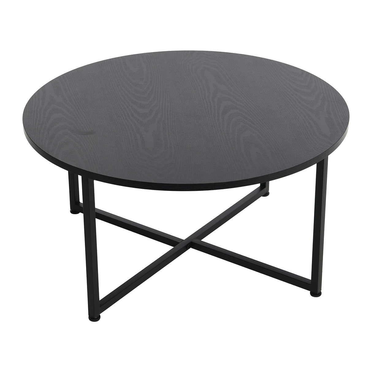 Jamestown Round Coffee Table Black Oak Wood Grain and Black Metal