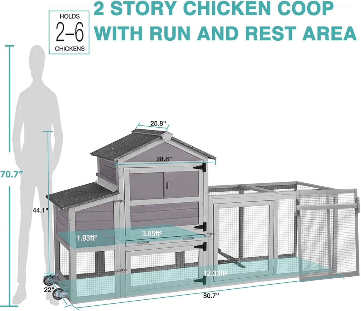 for 2-4 Chickens, Mobile Chicken House for Outdoor with Wheels, Nesting Box