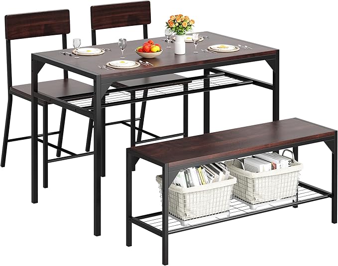 4-Piece Dining Table Set with Bench & Chairs - Black