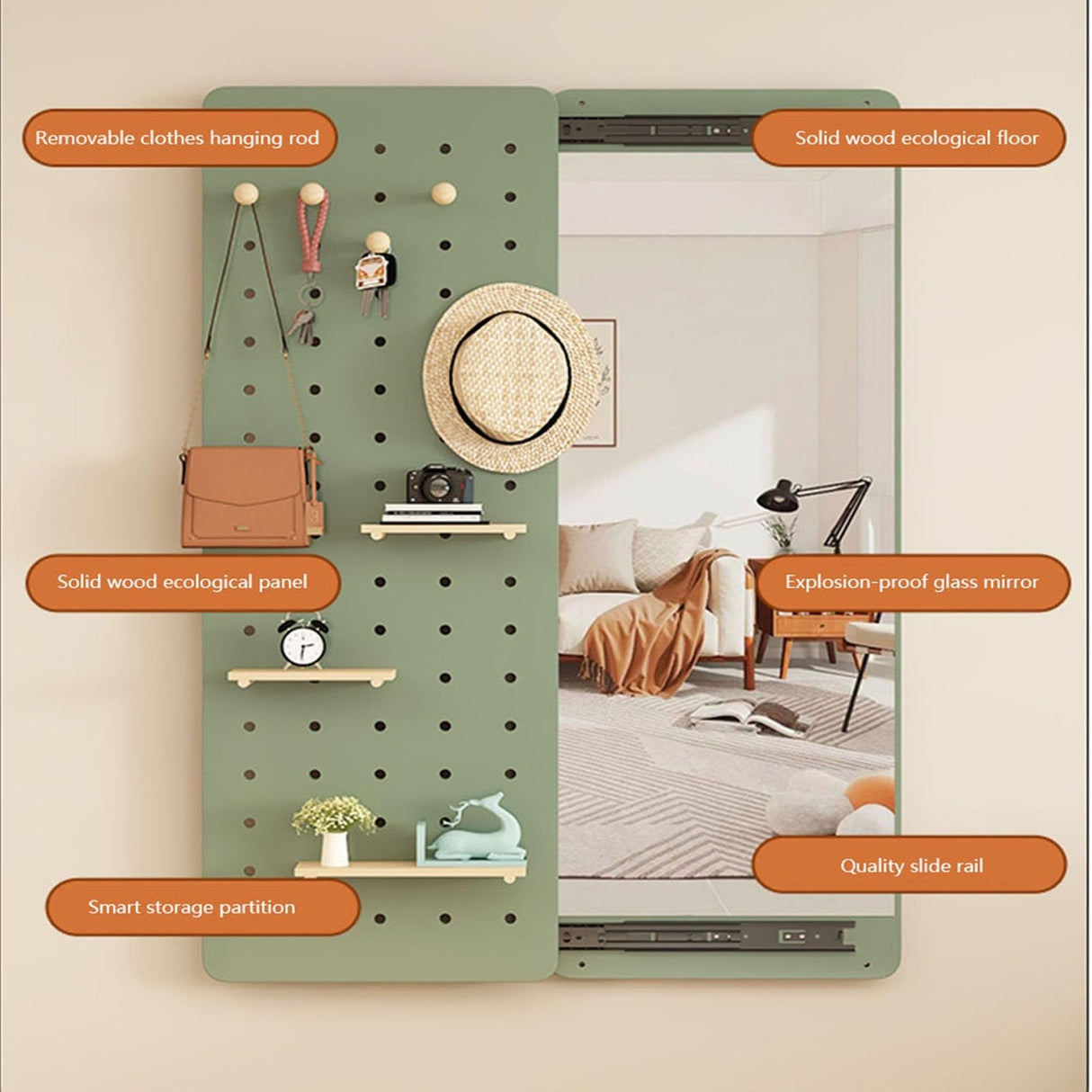 WOHNZA Hanging Full Length Mirror, Push-Pull Rectangle Mirror Concealed Design with 5 Ball Hook and 3 Laminate Adjustable for：Bedroom Living Room