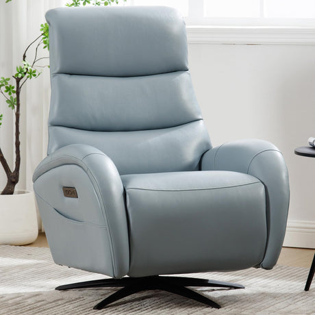 Recliner Chair, Swivel Recliner with USB & Type-C Ports, Blue Breathable Leather Recliner