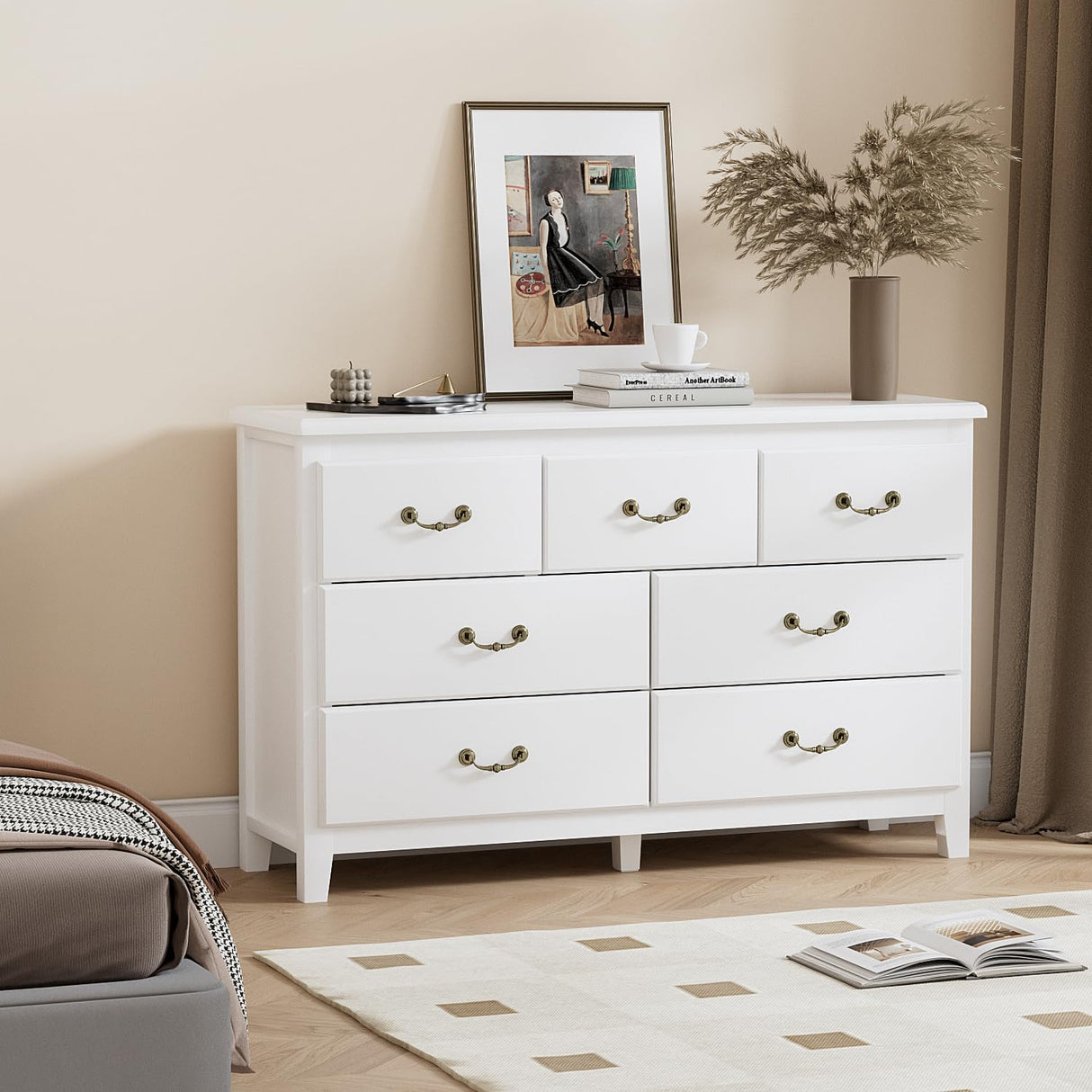 White Dresser for Bedroom, Modern Farmhouse Style 7 Drawer Double Dresser