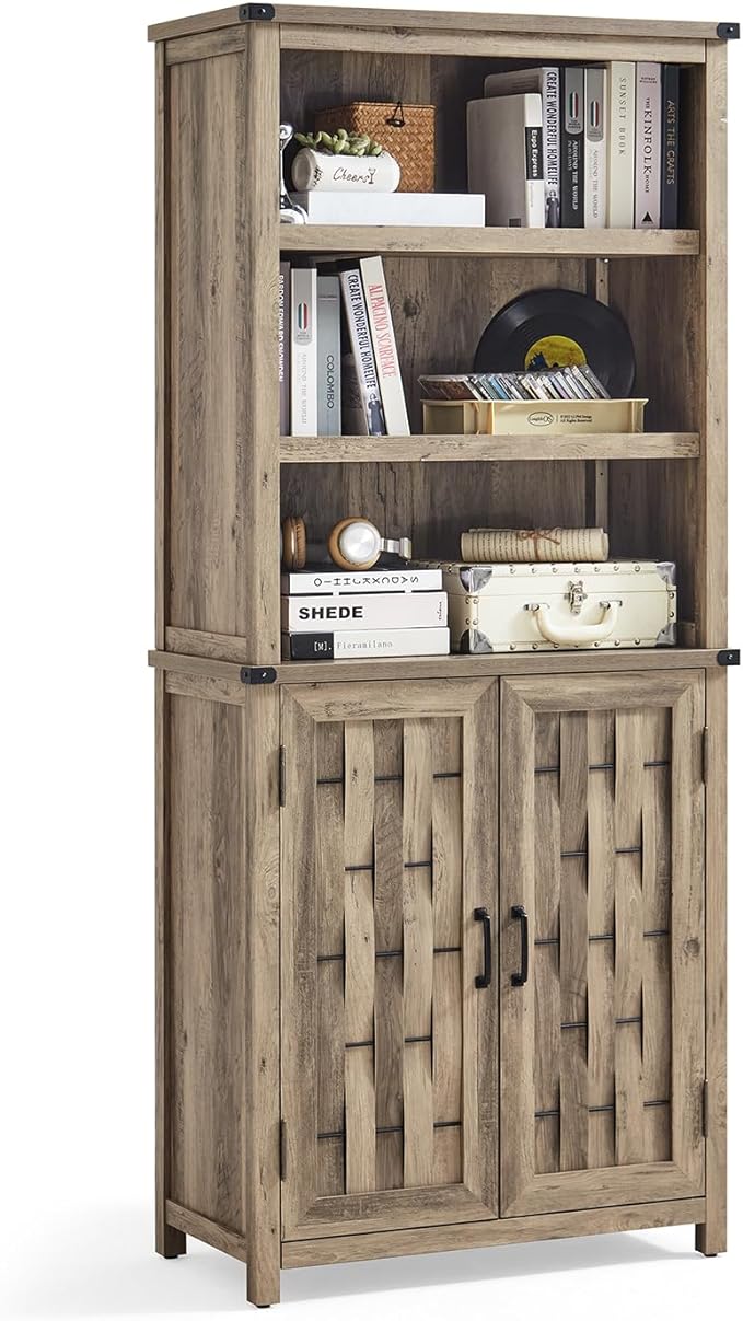 Farmhouse Bookcases with Doors, Floor Standing 5-Shelf Display Storage Shelves
