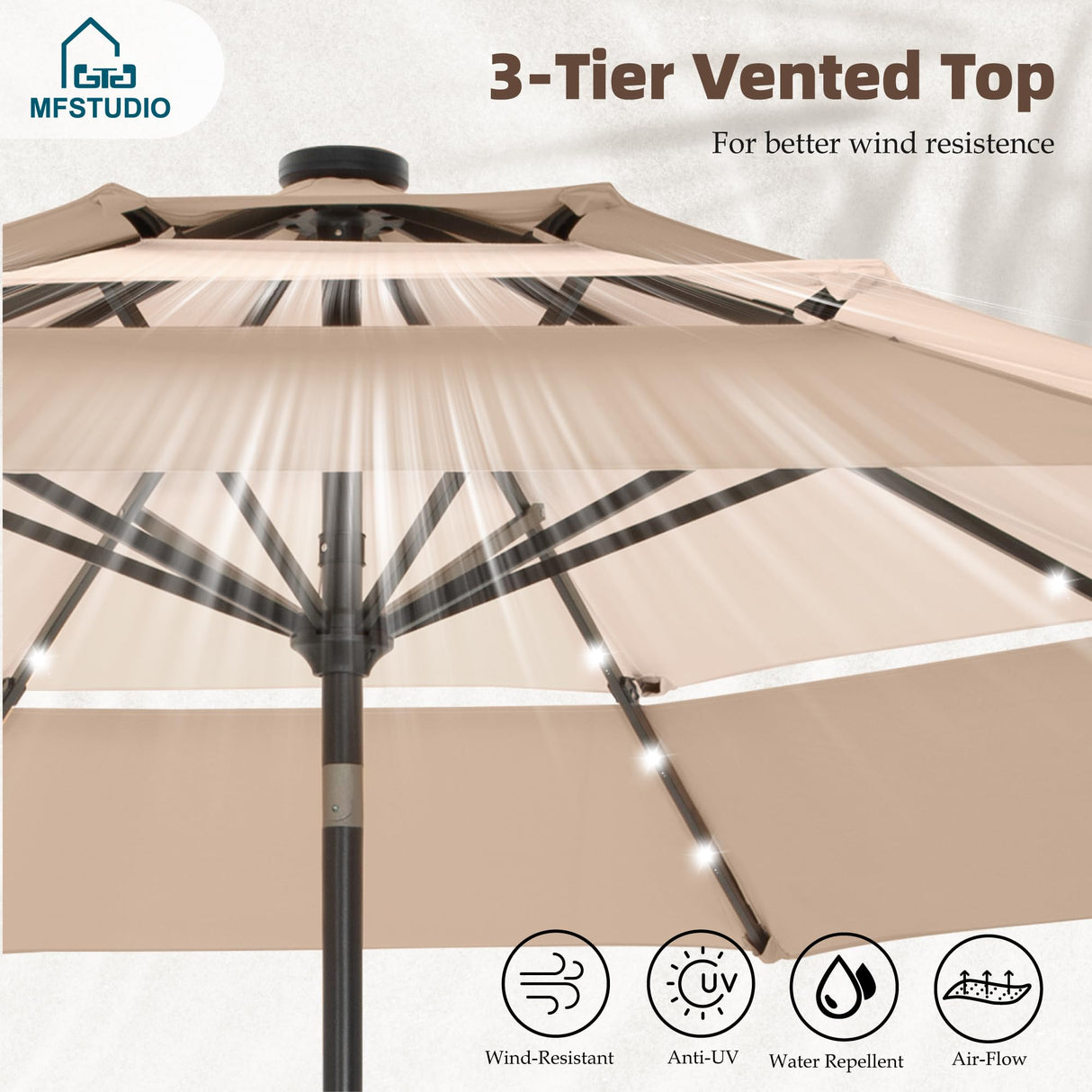 MFSTUDIO 10ft 3 Tier Solar Patio Umbrella, Outdoor Market Umbrellas with 24 LED Lights, Auto-tilt, Sun Shade for for Backyard Deck Garden, Blue & Green