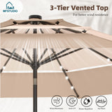 MFSTUDIO 10ft 3 Tier Solar Patio Umbrella, Outdoor Market Umbrellas with 24 LED Lights, Auto-tilt, Sun Shade for for Backyard Deck Garden, Blue & Green