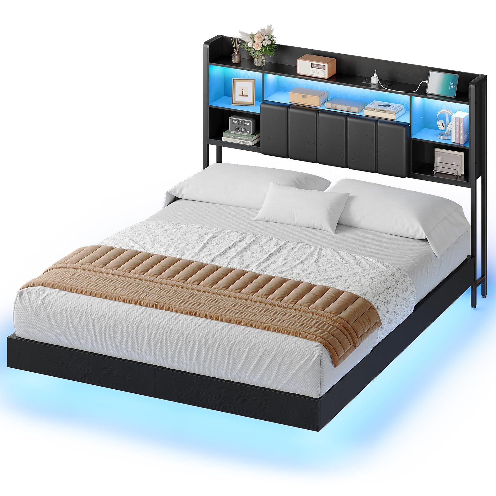 Queen Floating Bed Frame with LED Lights & Charging Station