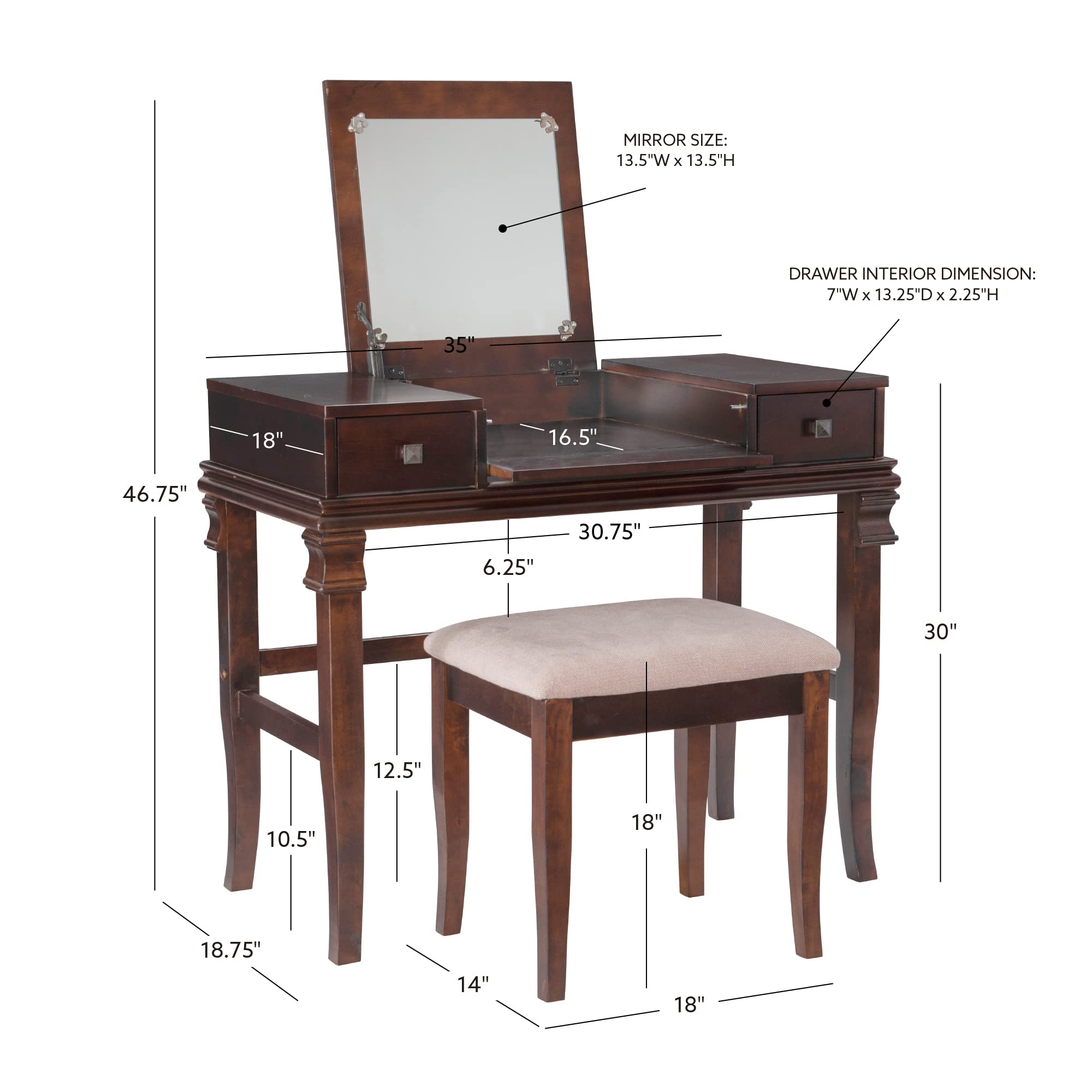 Walnut Vanity Set,30" x 36" x 18"