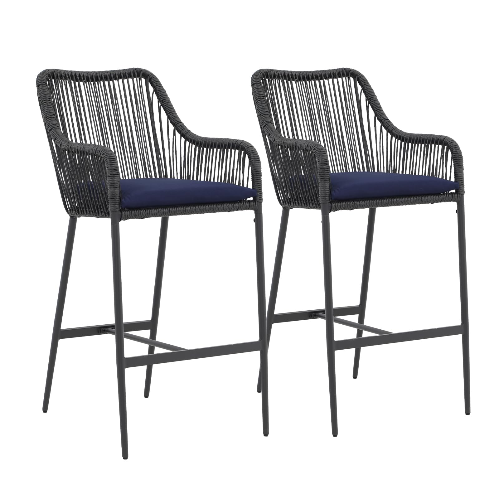 Wicker Bar Stools Set of 2, Patio Outdoor Rattan Bar Height Chairs with Cushions