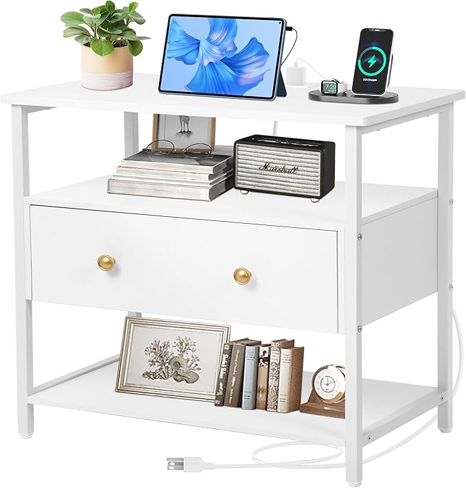 27 inch Nightstand Side Table with 1 Layer of Wooden Drawers，Nightstand with Charging Station