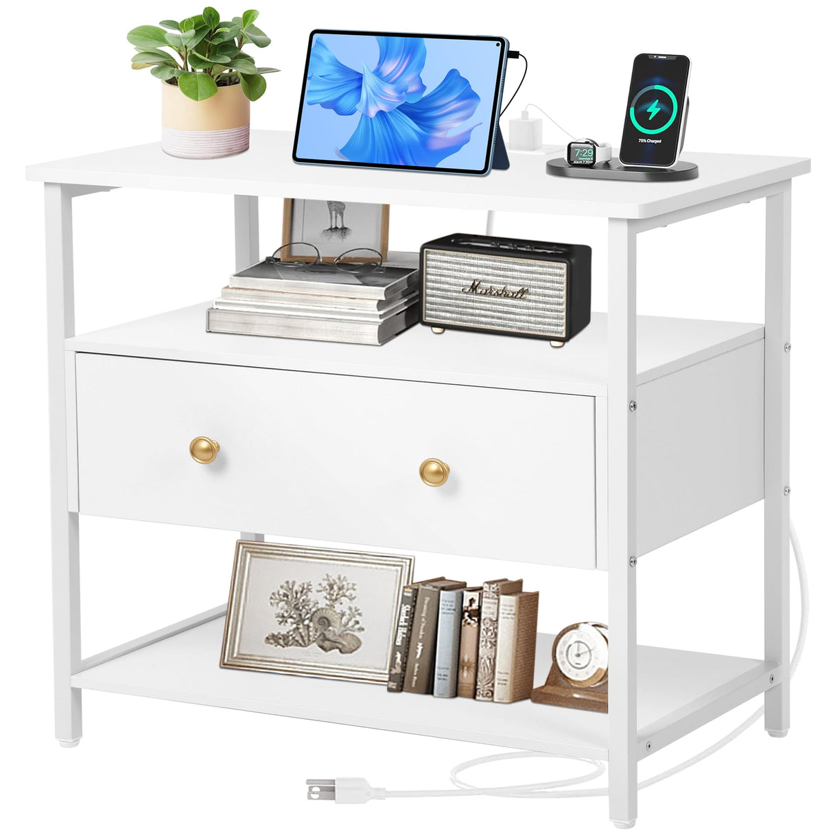 27 inch Nightstand Side Table with 1 Layer of Wooden Drawers，Nightstand with Charging Station