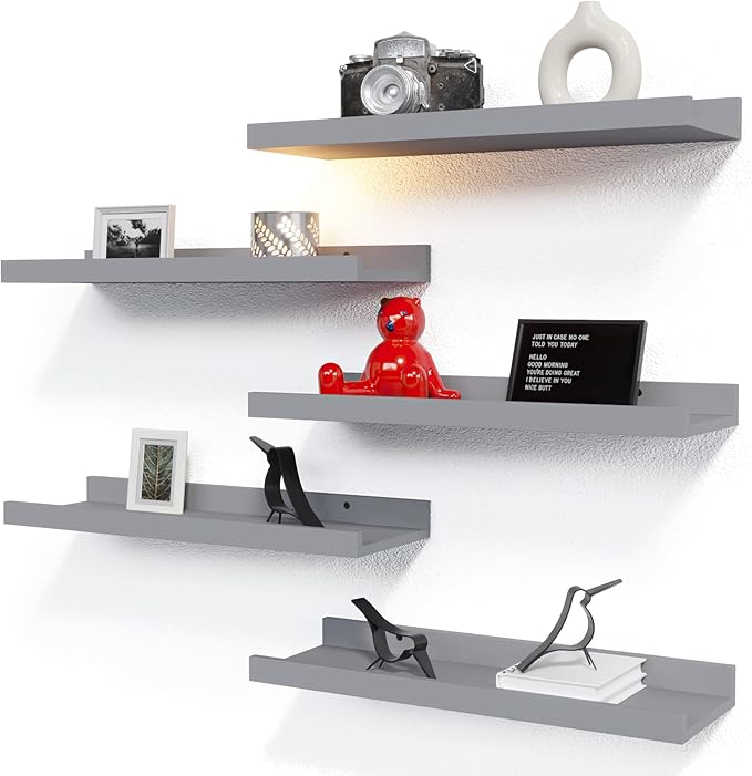 Floating Wall Mounted Shelves, 8pc Set with Lip - Black Nursery Book Shelves for Bedroom