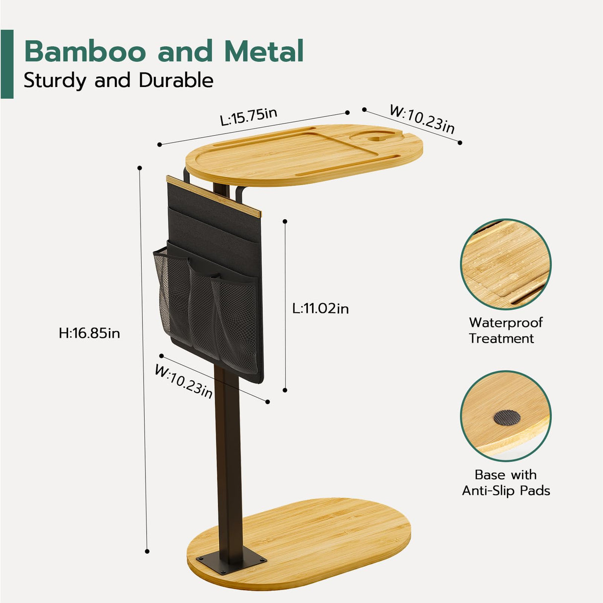 Couch Side Table with Adjustable Heights, Bamboo Sofa Tray Table with Storage Pocket