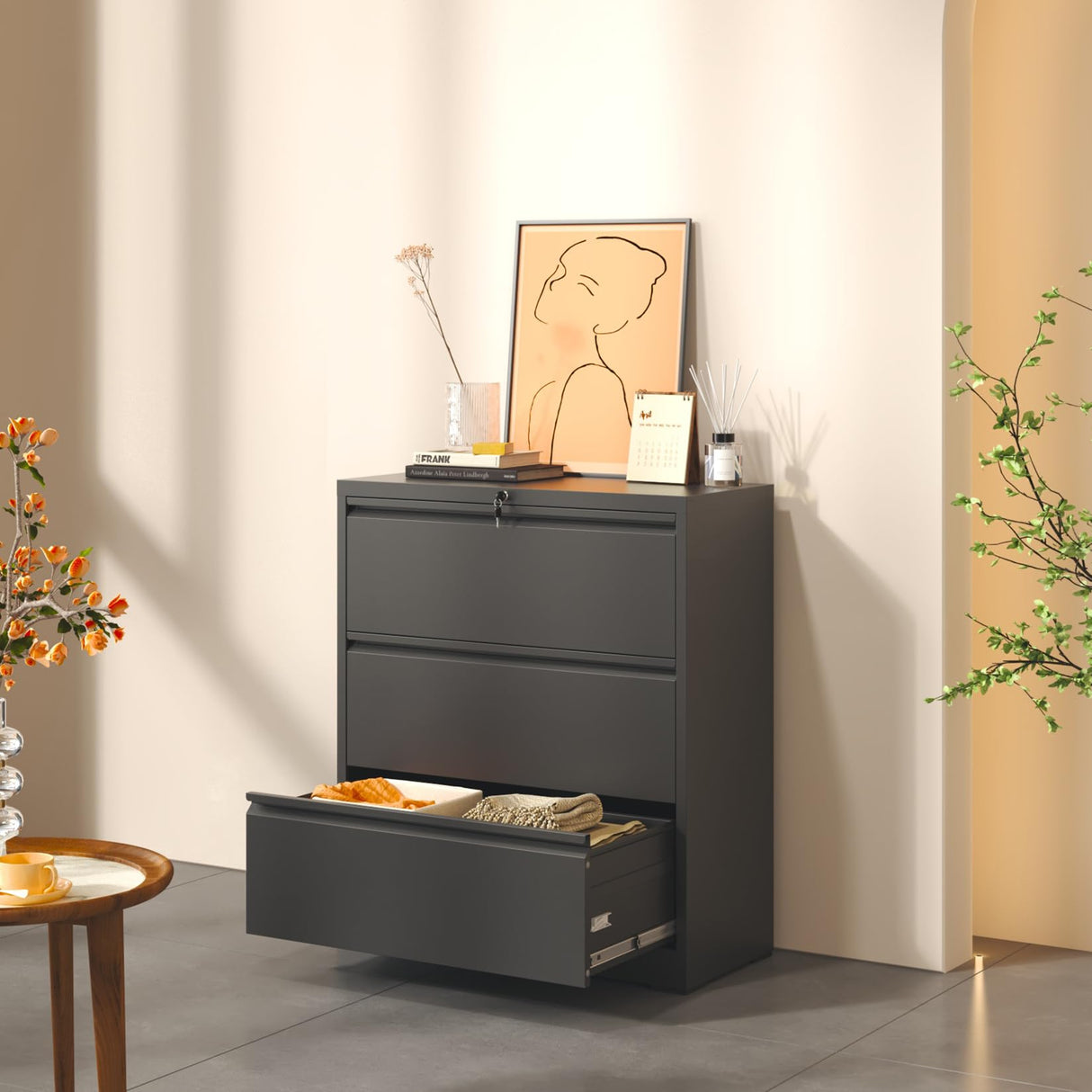 3 Drawer Lateral File Cabinet, Black Metal Lateral Filing Cabinet for Home Office