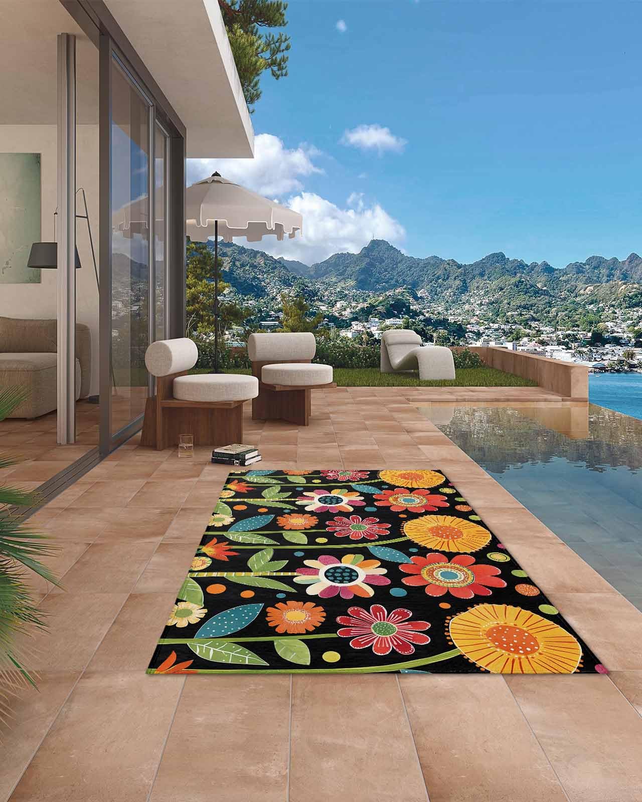 Outdoor Rug 6x9 ft Watercolor Flowers Outdoor Large Area Rug Non Slip Rubber