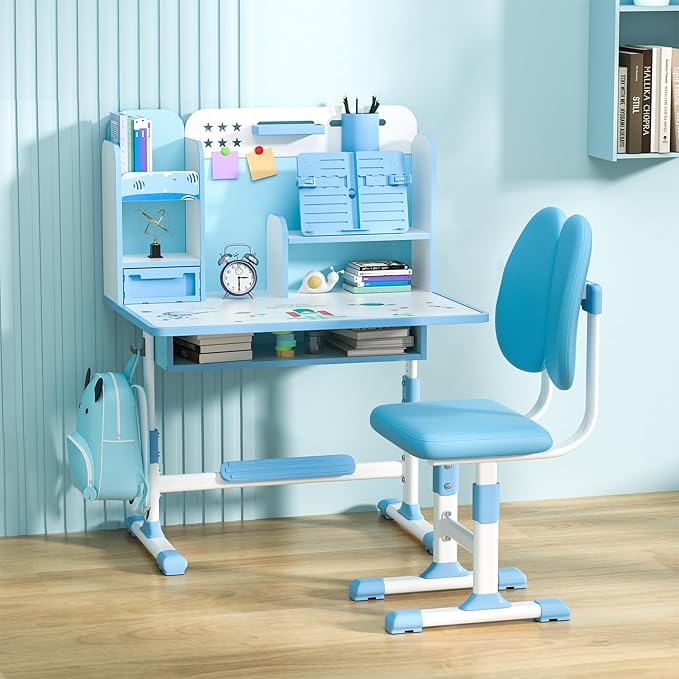 Height Adjustable Kids Study Desk with Cartoon Pattern, Widened Tabletop, Tiltable Reading Stand, Back Support & Spine Protect, Prevent Myopia, for Boys & Girls (Blue-B)