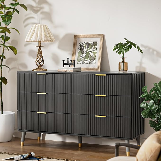 White Dresser, Fluted White and Gold Dresser for Bedroom, 6 Drawer Dresser