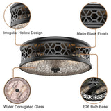 12 Inch Flush Mount Ceiling Light with Rippled Glass - 2 Light Vintage Black Fixture