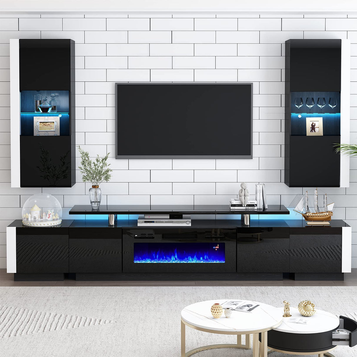 Wall Unit Entertainment Center with Fireplace and Bookshelves, Includes 70" 2-Tier Fireplace