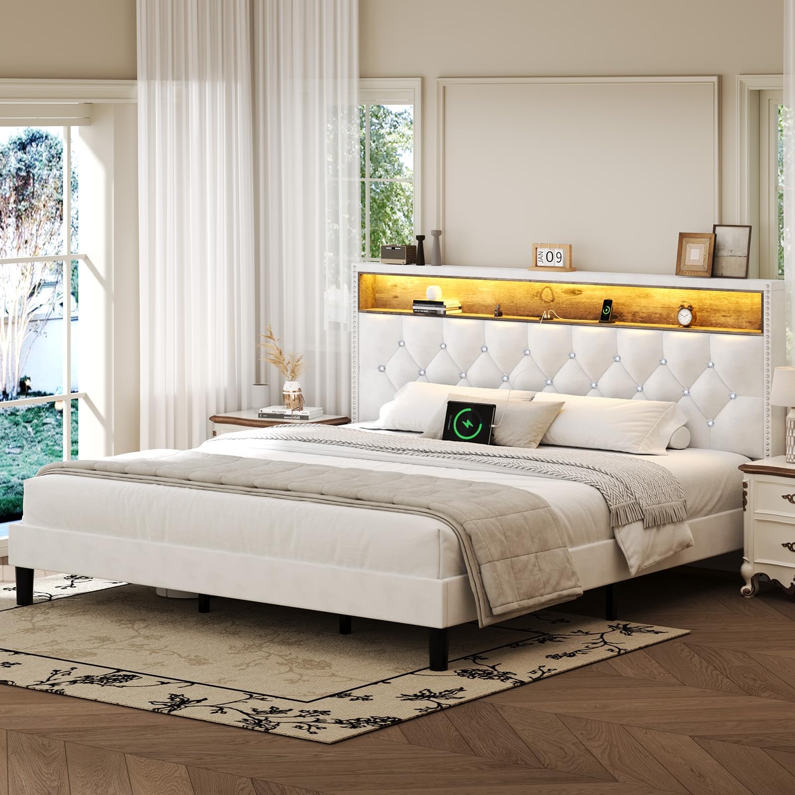 King Size Bed Frame with LED Lights and Storage Headboard