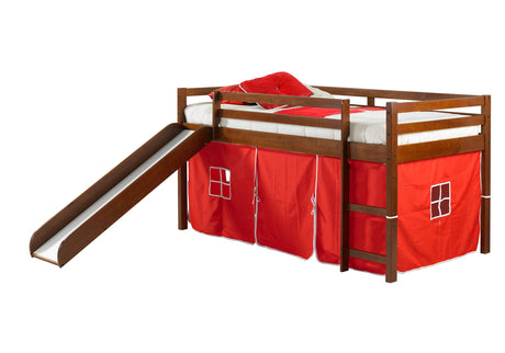 Low Loft Bed with Slide with Tent, Twin, Light Espresso/Red