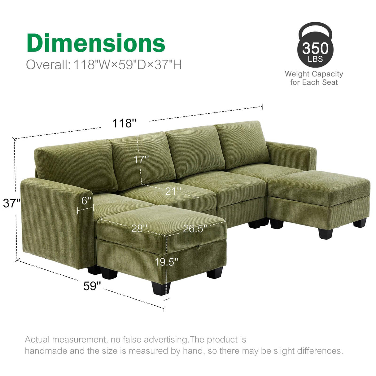 Luxury Modular Sectional Sofa w/Storage Seat, 118" U Shaped Couch with Movable