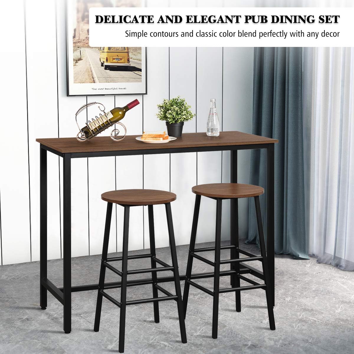 3-Piece Pub Table Set, Bar Table with 2PCS Backless Bar Stools