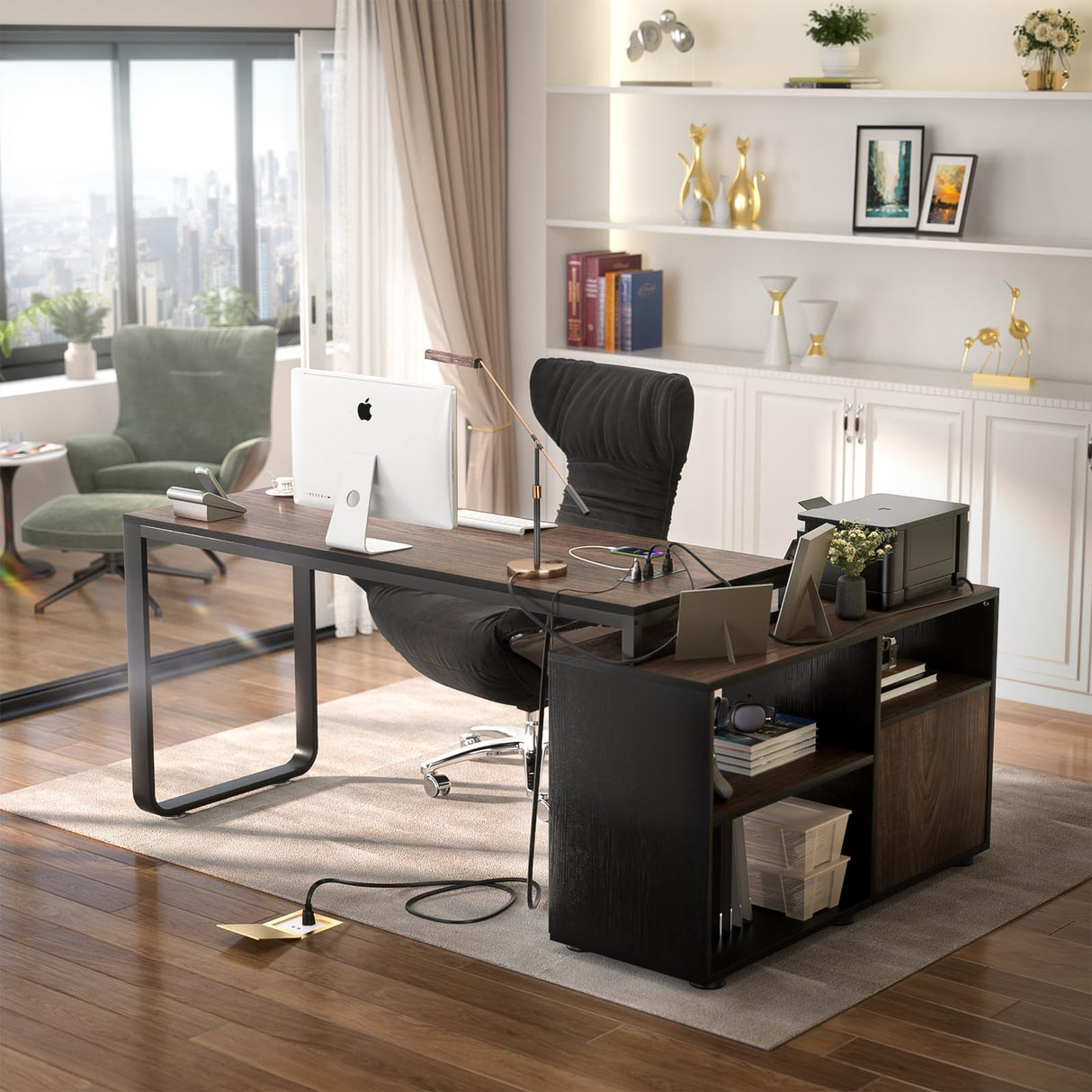 L Shaped Desk with File Cabinet & Power Outlet, Reversible 55 Inch Large Corner