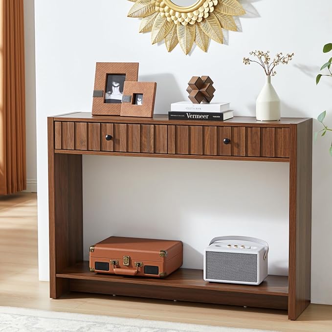 Entryway Console Table with Fluted Drawers, Mid Century Entryway Table with Storage