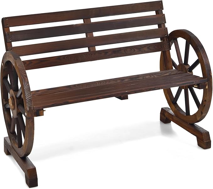 Person Wooden Outdoor Bench with Wagon Wheel Legs, Slatted Seat