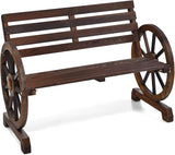 Person Wooden Outdoor Bench with Wagon Wheel Legs, Slatted Seat