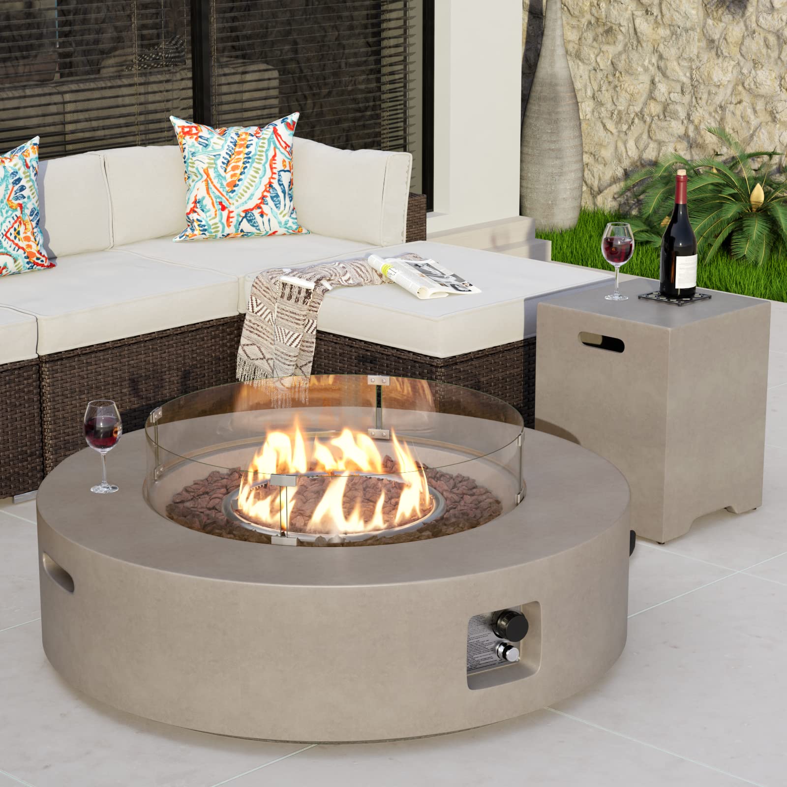 COSIEST 2 - Piece Outdoor Propane Firepit Table Set w Tank Table, CSA Certified 40.5" Fire Table CSA Certified, 50,000 BTU w Gray Round Base,Wind Guard and 16 inches Tank Side Table 20lb for Garden,Pool - Bircata