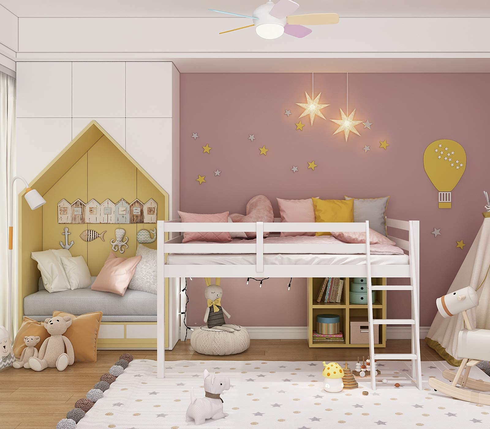 Junior Low Loft Bed with Stairs, White Wood Loft Bed Full Size for Adults, Kids and Young