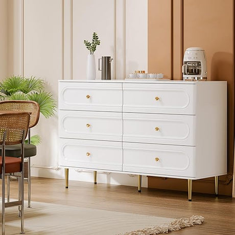 Cream 6 Drawer Dresser for Bedroom, Large Double Dresser with Wide Drawers