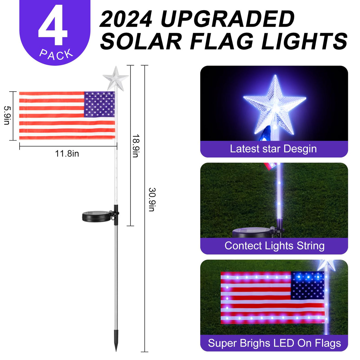 4th of July Decorations Outdoor Solar Lights, Upgraded 4 Pack American Flag