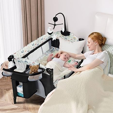 4 in 1 Portable Nursery Center, Foldable Baby Bedside Crib w/Bassinet