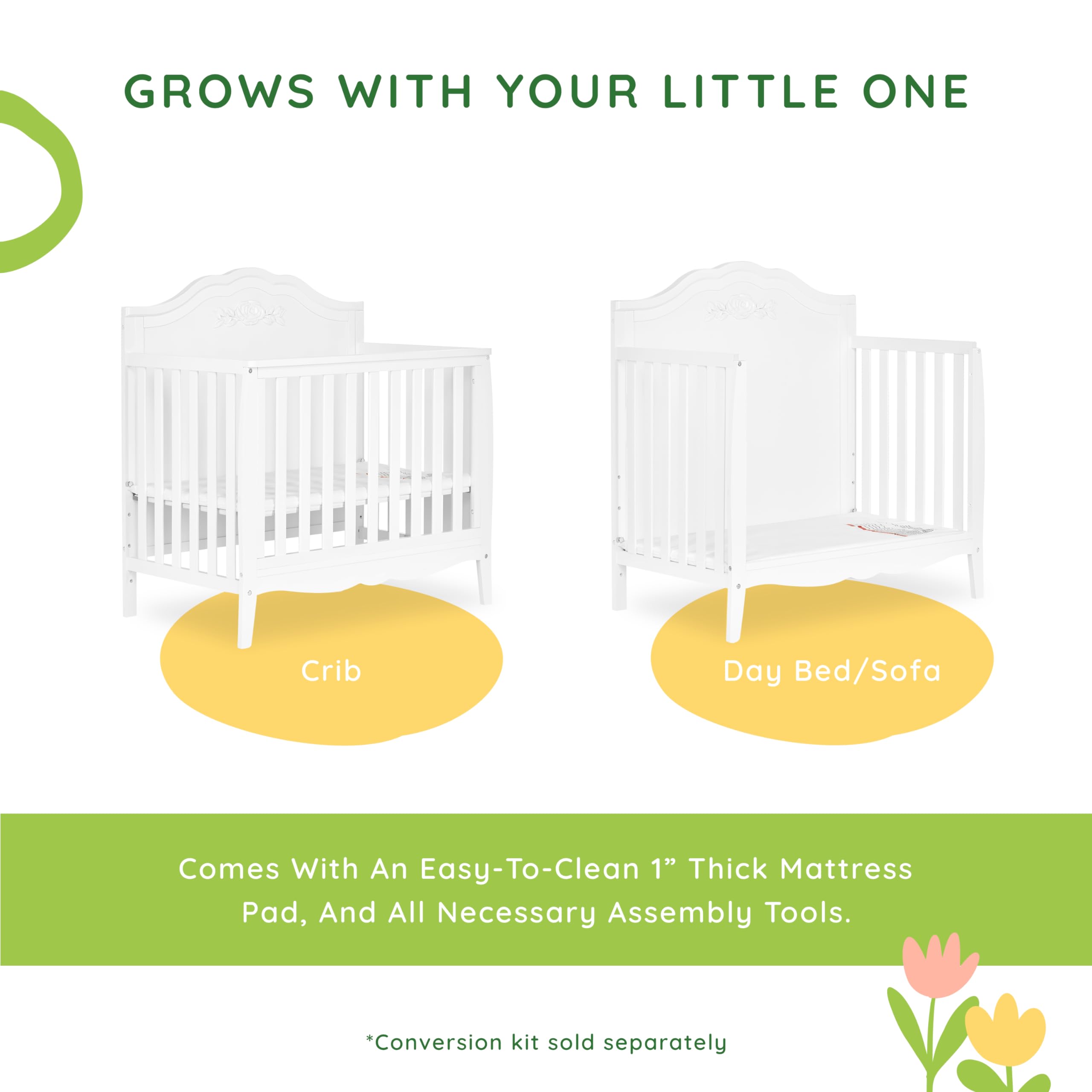 Rose 4-in-1 Convertible Mini Crib in White, JPMA Certified Baby Crib, Non-Toxic Finish,