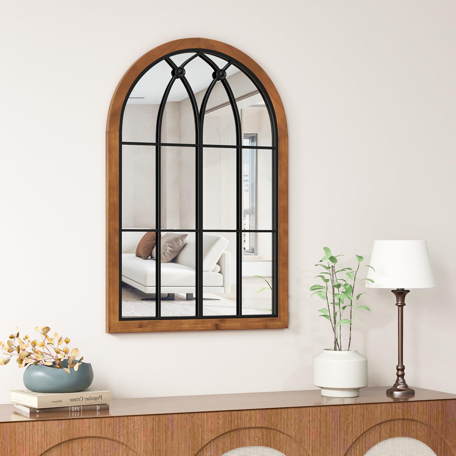 Arched Window Wall Mirror, 36''L x 24''W Farmhouse Accent Mirror, Rustic Wood Framed Mirror for Living Room Entryway Hallway Mantel Kitchen Wall Decor