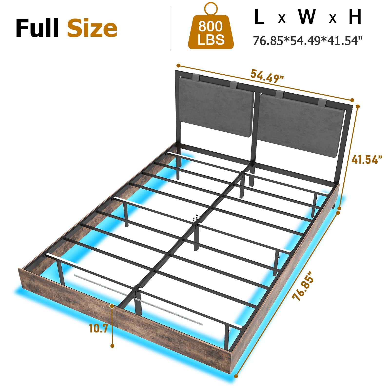 Floating Bed Frame Full with Velvet Upholstered Headboard, Metal Platform Bed Frame Full Size with LED Lights, Heavy Duty Steel Slats Support, No Box Spring Needed, Noise Free, Easy Assembly, Brown