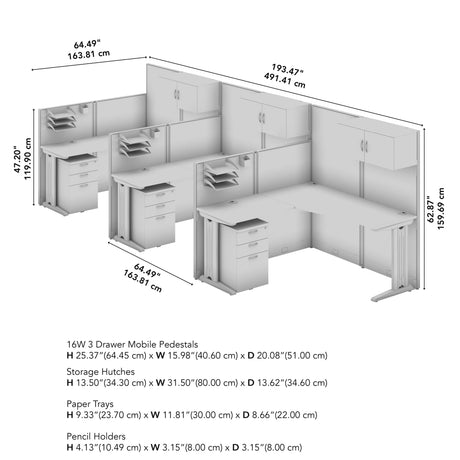 Office in an Hour 3 Person L Shaped Cubicle Desks with Storage,