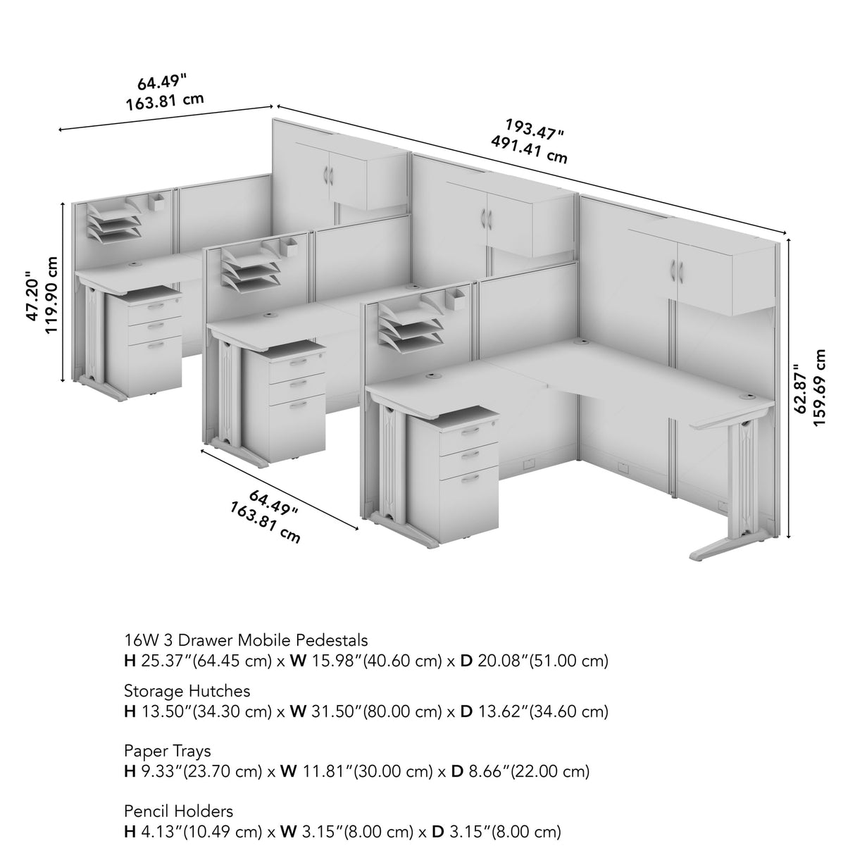 Office in an Hour 3 Person L Shaped Cubicle Desks with Storage, Drawers, and Organizers