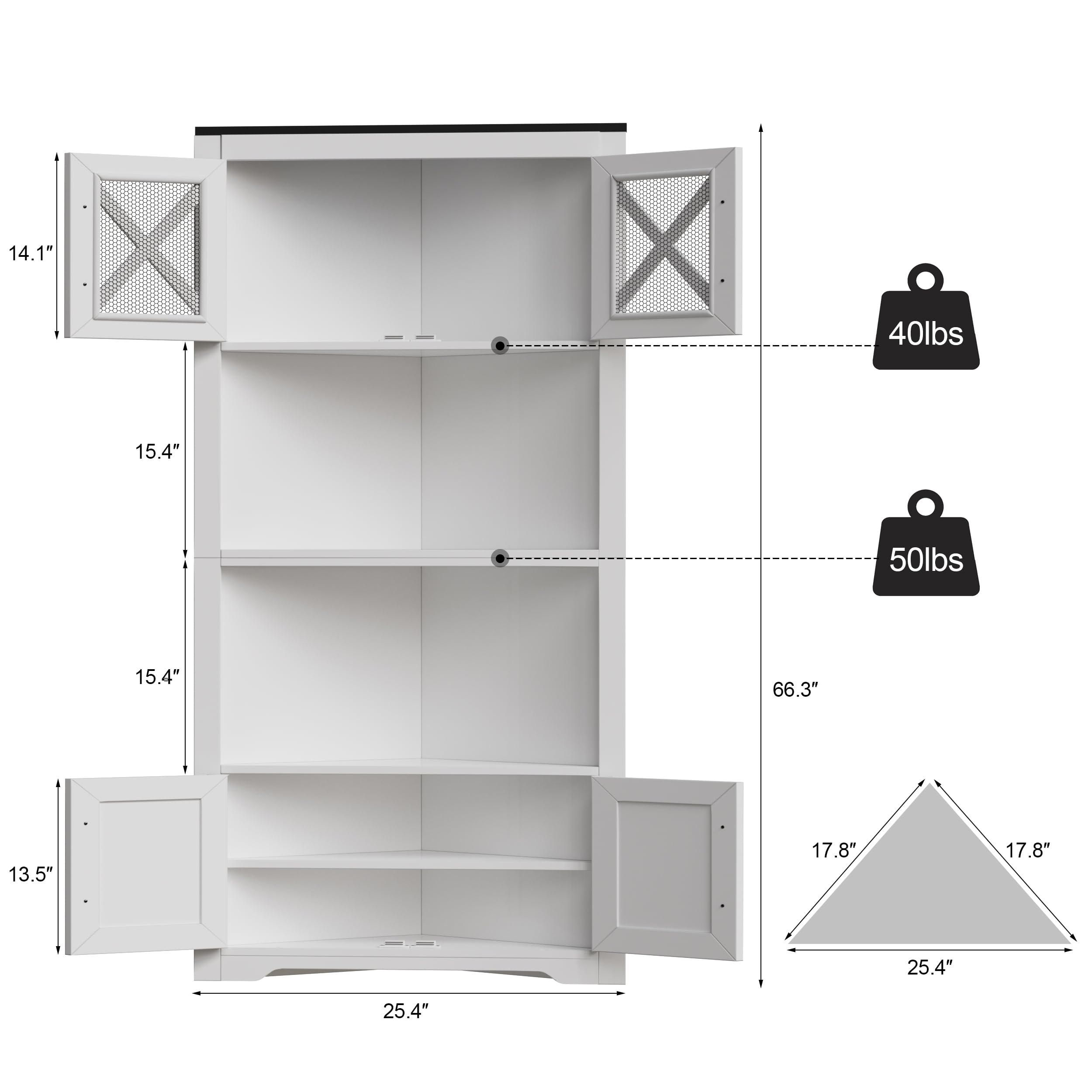 PAKASEPT Farmhouse Corner Cabinet, 5 Tier 66" Tall Corner Cabinet with Barn Door Design & Mesh Breathable Door, Corner Cabinet with Doors, Bathroom Corner Cabinet, for Bathroom, Living Room (White)