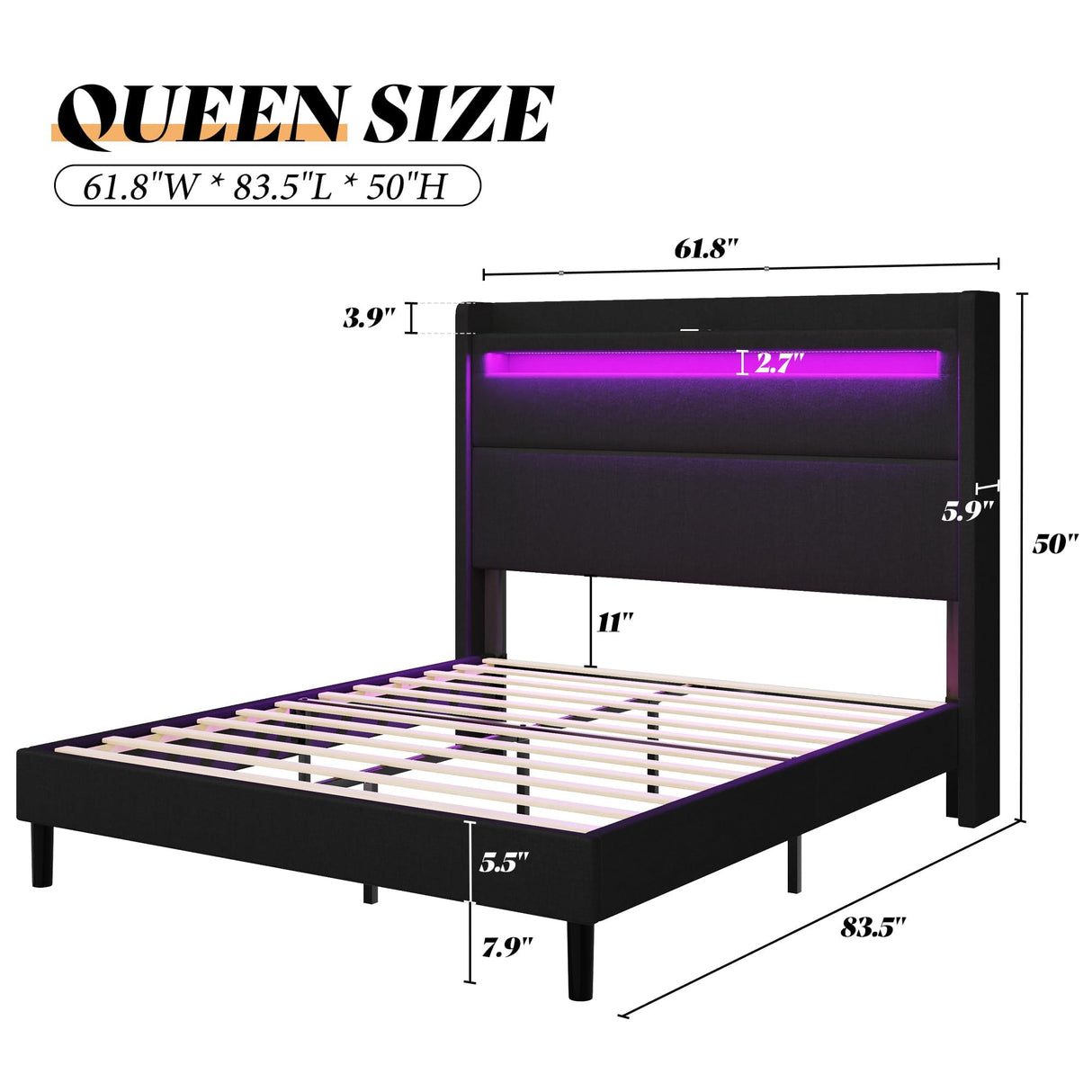 Queen Bed Frame with LED Lights and Wingback Headboard,