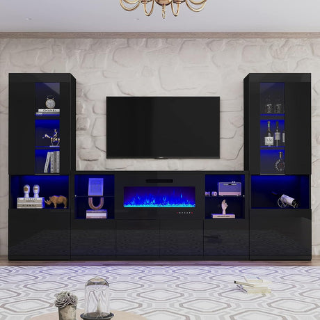 3 Piece Modern High Gloss Fireplace TV Stand + Bookcase Set