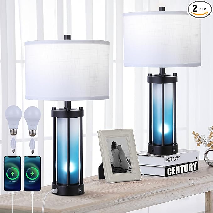 Modern Table Lamps Set of 2, with Night Light Gradient Blue Glass Bedside Table Lamp