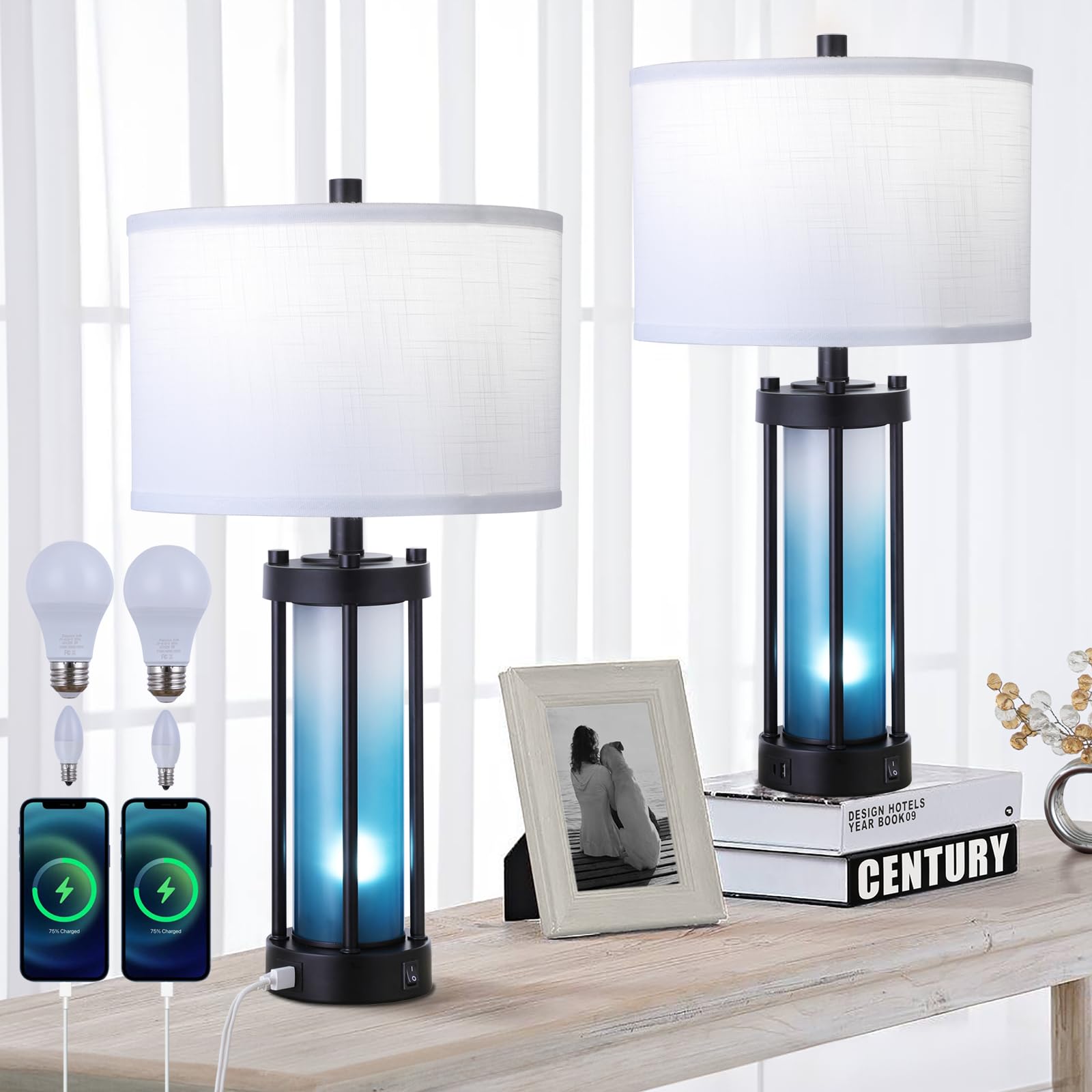 Modern Table Lamps Set of 2, with Night Light Gradient Blue Glass Bedside Table Lamp
