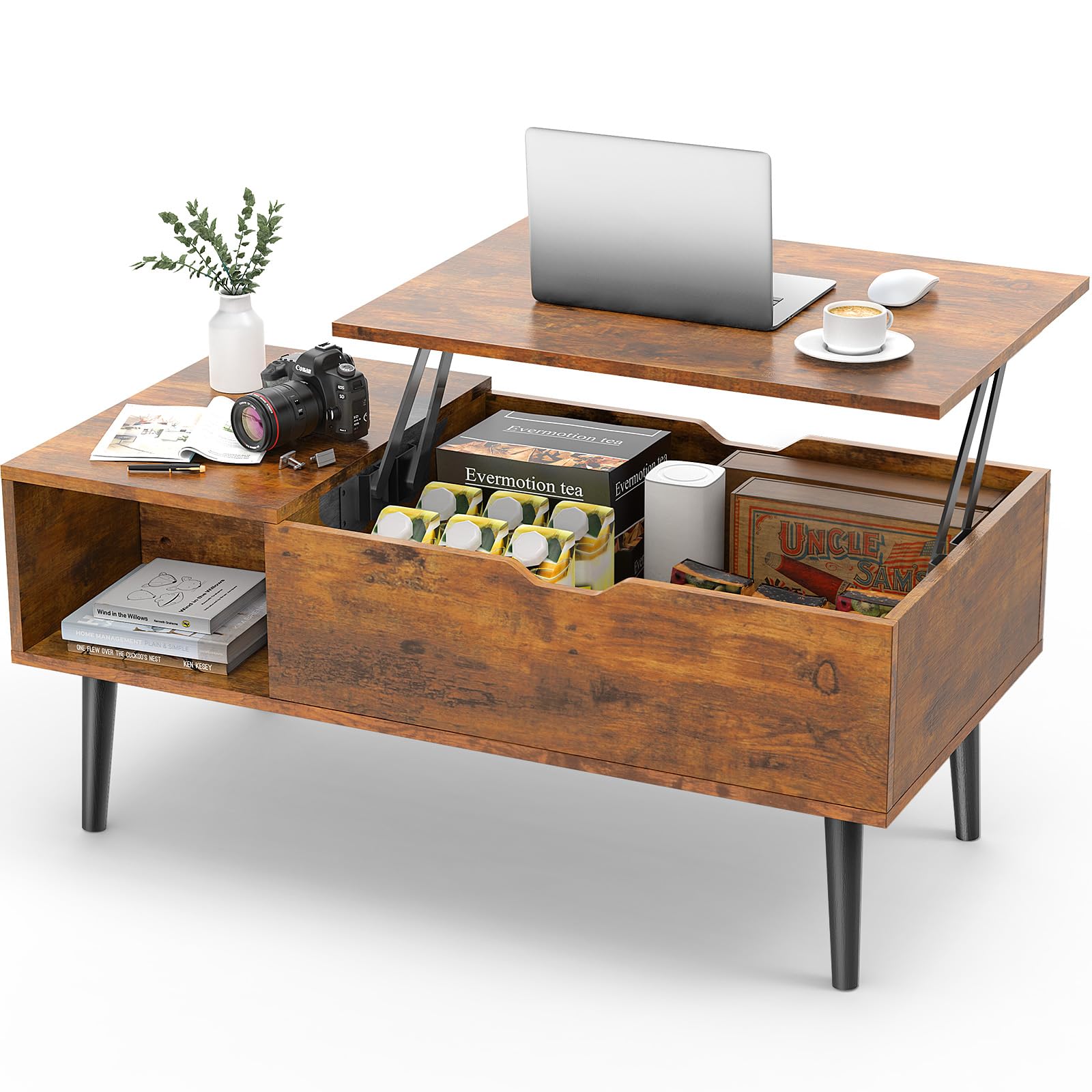 Coffee Table Brown, Lift Top Coffee Tables for Living Room, Small Rising Wooden Dining